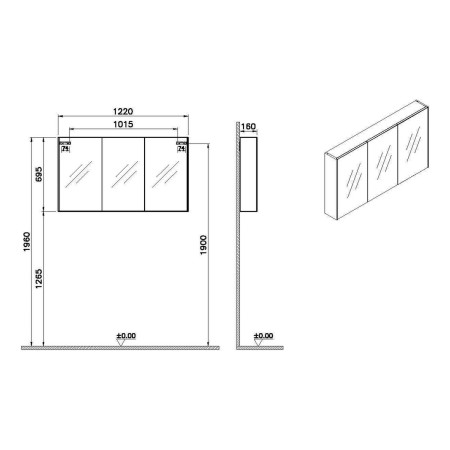 66904 VitrA Triple Door 1200 x 700mm Brushed Chrome Bathroom Mirror Cabinet Dimensions