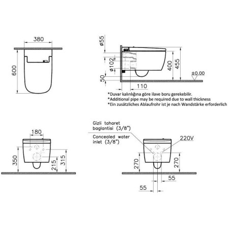 5674B003-6103 VitrA V Care Essential Rimless Smart Wall Hung White Shower Toilet and Seat Dimensions