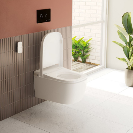 5674B003-6103 VitrA V Care Essential Rimless Smart Wall Hung White Shower Toilet and Seat Bathroom Setting