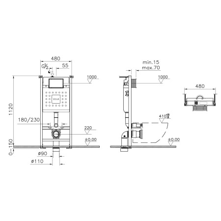 732-5805-01 VitrA V Fix Core Wall Hung WC Frame and 120mm Dual Flush Cistern Dimensions