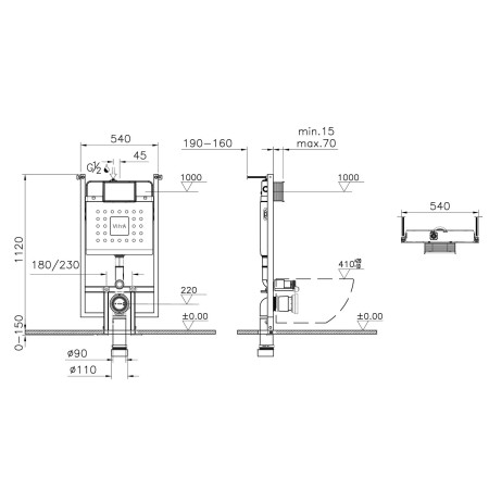 738-5800-01 VitrA V Fix Core Wall Hung WC Frame and 80mm Slim Dual Flush Cistern Dimensions