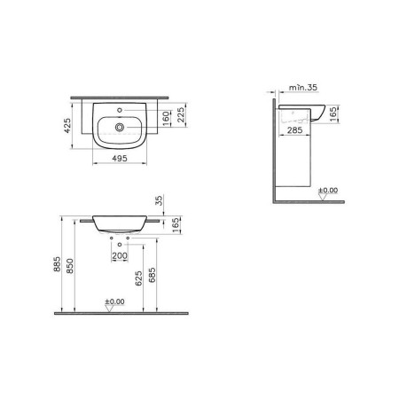 5635B003-0001 VitrA Zentrum 1TH 500mm Semi Recessed Basin Dimensions