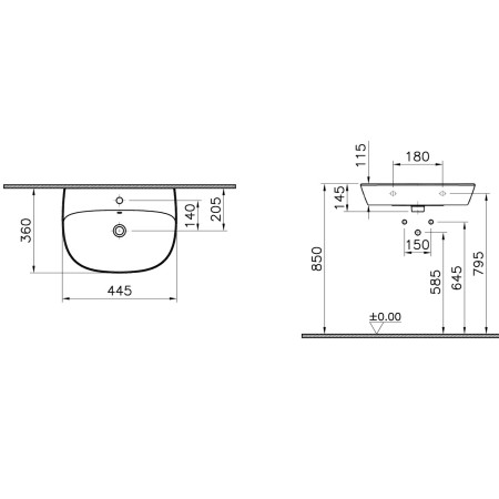 7278L003-0001 VitrA Zentrum 450mm 1TH Wall Hung Basin Dimensions