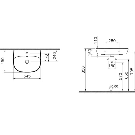 7277L003-0001 VitrA Zentrum 550mm 1TH Wall Hung Basin Dimensions