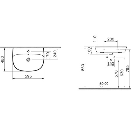 7276L003-0001 VitrA Zentrum 600mm 1TH Wall Hung Basin Dimensions