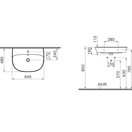 7275L003-0001 VitrA Zentrum 650mm 1TH Wall Hung Basin Dimensions