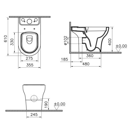 7784L003-0075 VitrA Zentrum Close Coupled Open Back Rimless WC Pan and Seat Pan Dimensions