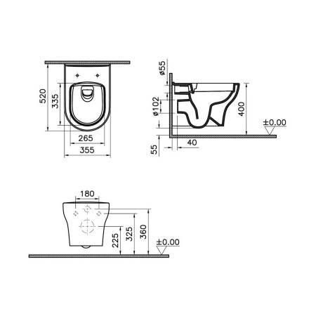 7786L003-0075 VitrA Zentrum Wall Hung Hidden Fixation WC Pan and Seat Dimensions