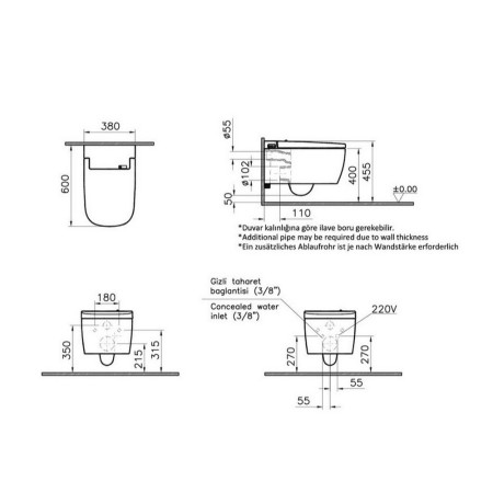 56740036104 Vitra V Care Smart Comfort Rimless Wall Hung Shower Toilet Dimensions