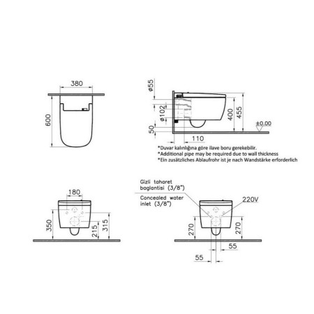 56740036103 Vitra V Care Smart Essential Rimless Wall Hung Shower Toilet Dimensions