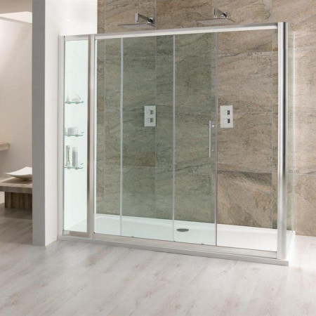 58.208 Volente 1800mm Chrome Clear Glass Sliding Shower Door with 300mm Inline Panel and Shelves