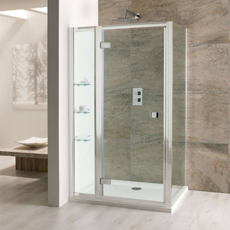 58.308 Volente 900mm Chrome Clear Glass Hinged Shower Door with 300mm Inline Panel and Shelves
