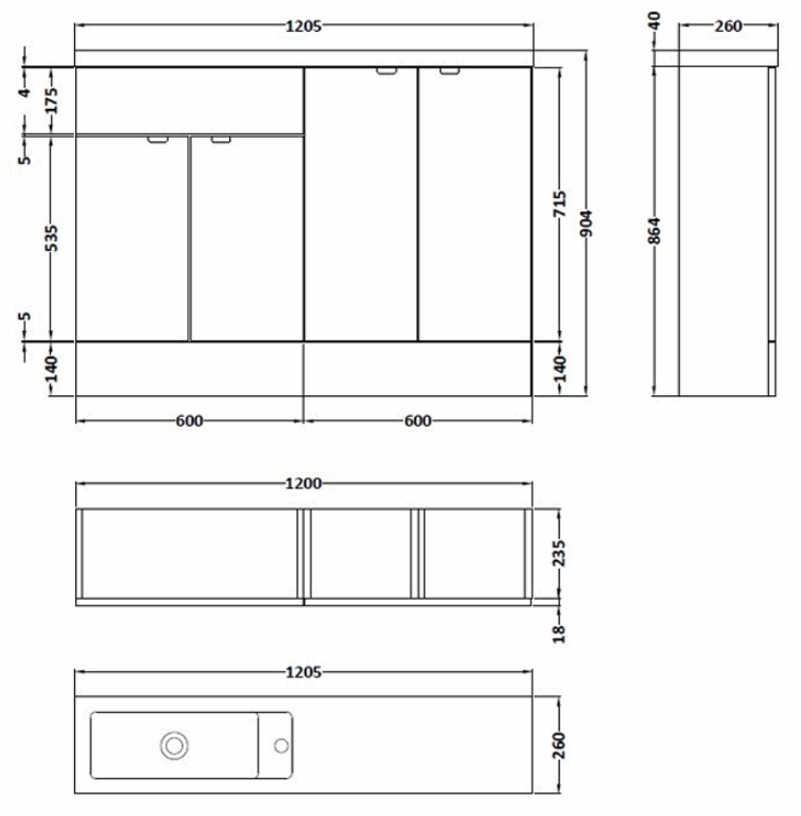 Hudson Reed Fusion Slimline 1200mm Combination Unit with Basin in Grey Avola