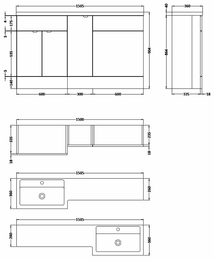 Hudson Reed Fusion Combi Unit 1500mm Full Depth in Gloss Grey RH