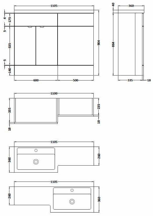 Hudson Reed Fusion Full Depth 1100mm Combination Unit with Basin in Gloss White RH