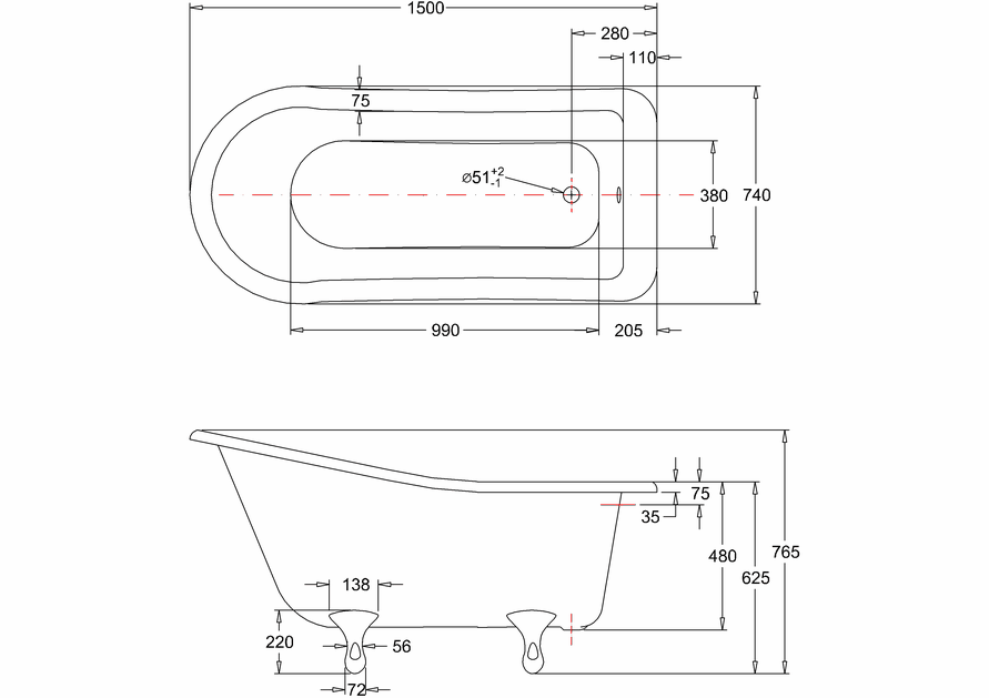 Burlington Buckingham Slipper Bath 1500mm