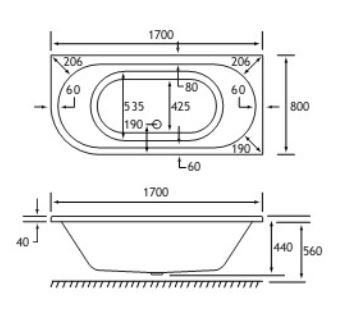 42.0052 Biscay Technical Drawing DE 1700 x 800mm Right Hand