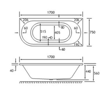 42.0054 Biscay Technical Drawing DE 1700 x 750mm Right Hand