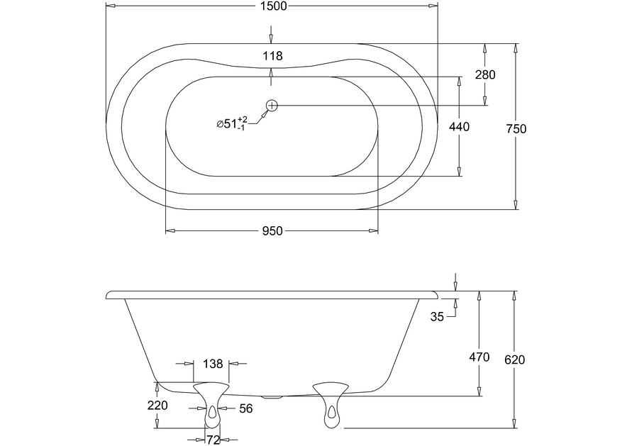 Burlington Windsor Double Ended 150cm Freestanding Bath