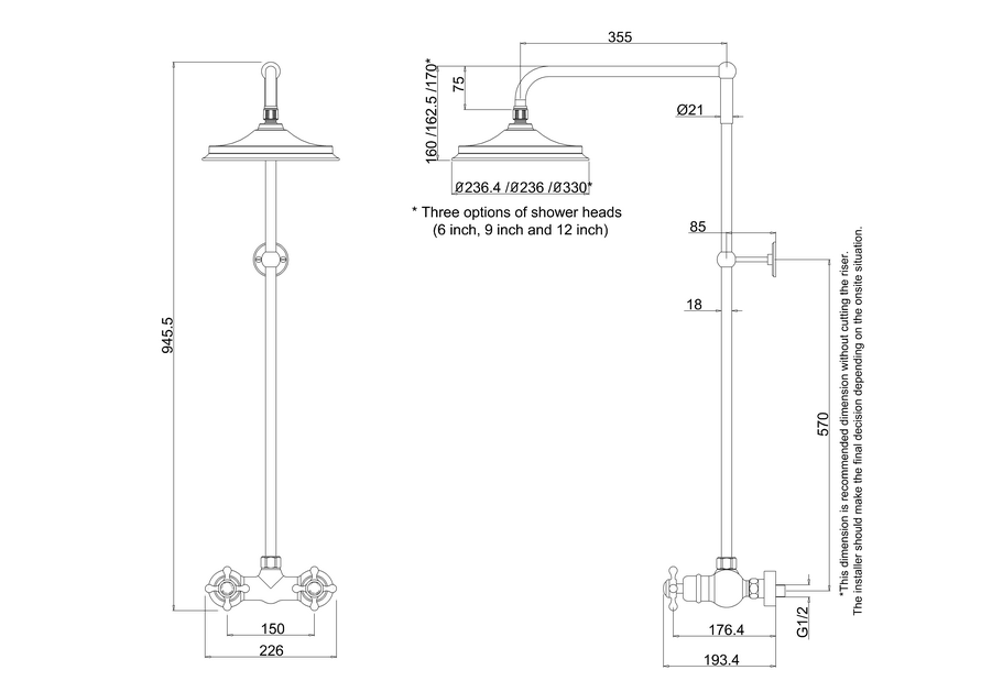 Burlington Eden Thermostatic Exposed Shower Bar Valve Single Outlet with Rigid Riser and Swivel Shower Arm with 12 Inch Rose