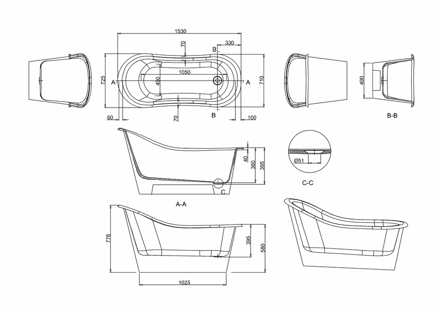 Burlington Emperor Slipper Bath 1530mm
