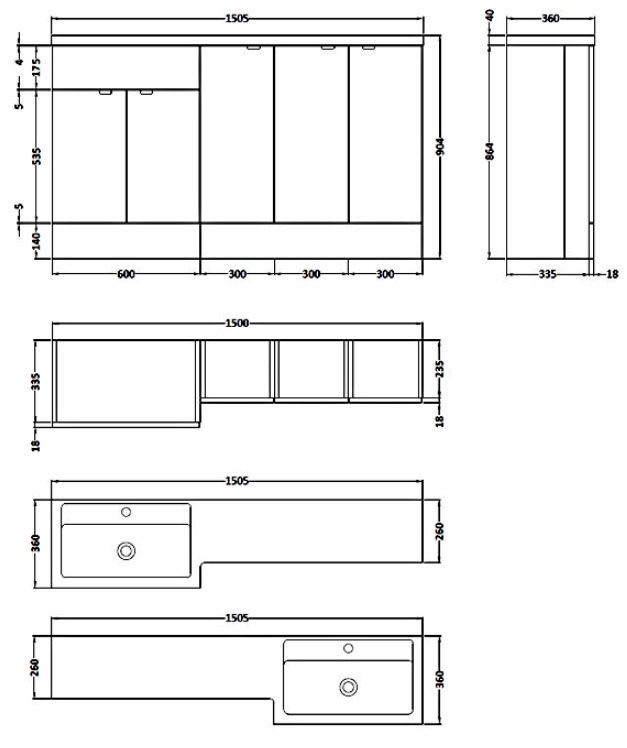 Hudson Reed Fusion Combination Units 1500mm Full Depth in Hacienda Black RH