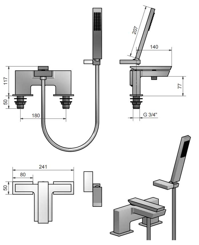 Marflow Oblique Bath/Shower Mixer With Shower Kit & Swivel Bracket OBL300K1