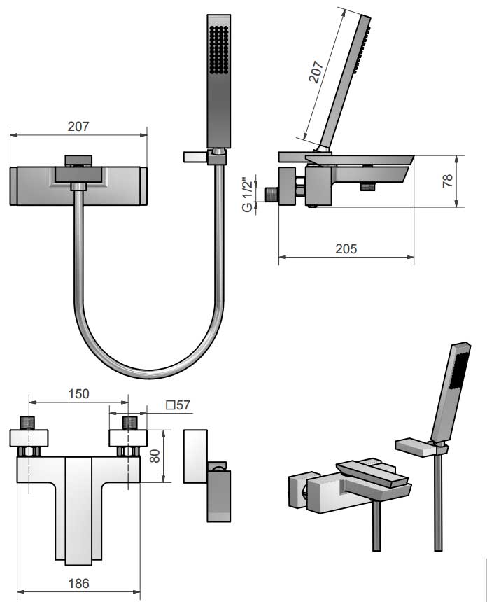 Marflow Oblique Wall Mounted Bath/Shower Mixer With shower kit & swivel wall bracket OBL350K1