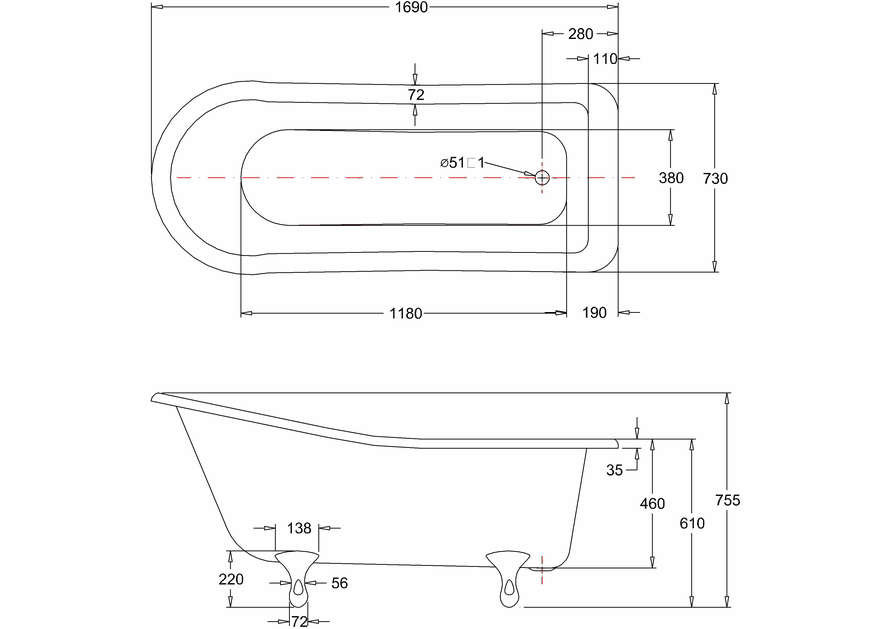 Burlington Harewoord Slipper Bath 1700mm