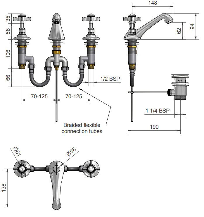 Marflow St James London Lever Three Hole Basin Mixer with Pop Up Waste