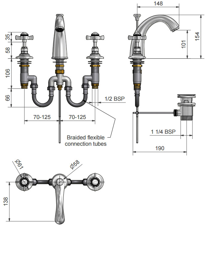 Marflow St James London Lever Three Hole Basin Mixer Classical Spout