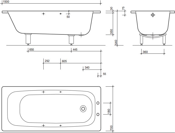 Twyford Celtic Steel Bath 1500 x 700mm slip resistant inc Grips and Legs