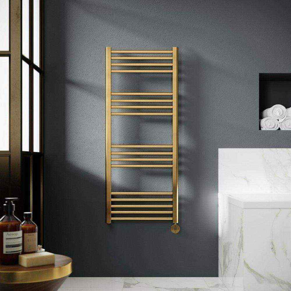 Nuie Electric Rounded 1200 x 500mm Flat Towel Rail in Brushed Brass