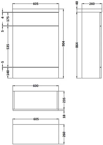 Hudson Reed Fusion 600mm Slimline WC Unit & Top - Gloss Grey