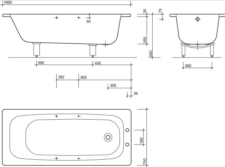 Twyford Celtic Steel Bath 1600 x 700mm Slip Resistant inc Grips and Legs