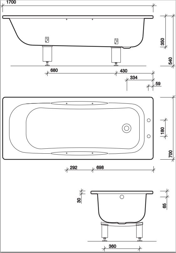 Twyford Celtic Low Volume Steel Bath1700 x 700mm Slip Resist inc Grips and Legs